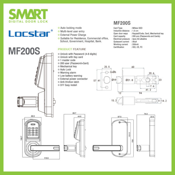 Smart Digital Lock รุ่น MF200S กลอนดิจิตอล เปลี่ยนแทนลูกบิด รหัส การ์ด - Image 7