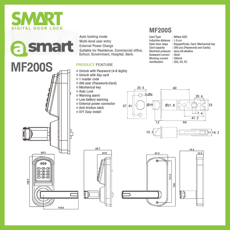 Smart Digital Lock รุ่น MF200S กลอนดิจิตอล เปลี่ยนแทนลูกบิด รหัส การ์ด - Image 7