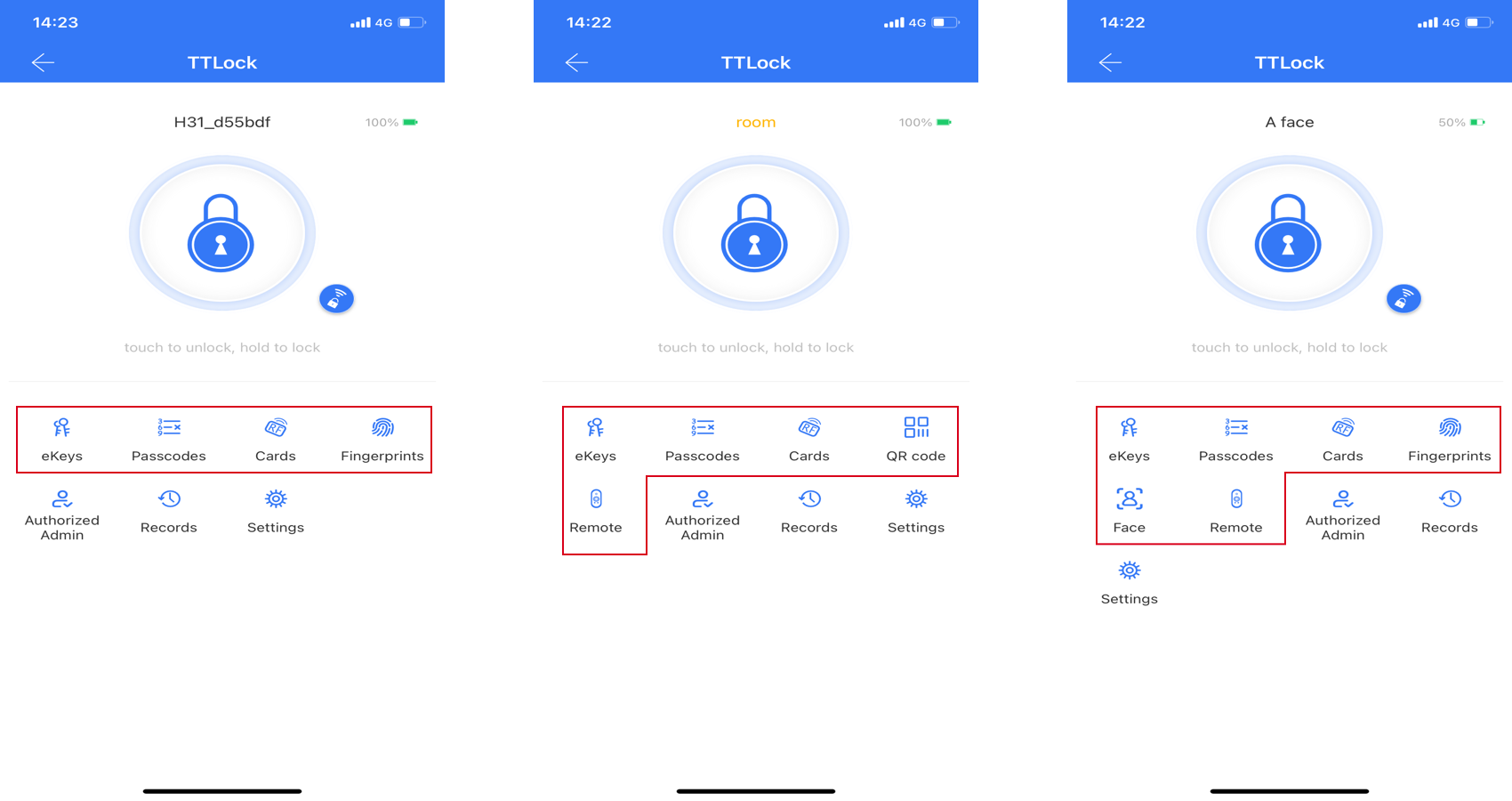 หน้าควบคุมกลอน TTLock และปุ่มปลดล็อกผ่านโทรศัพท์