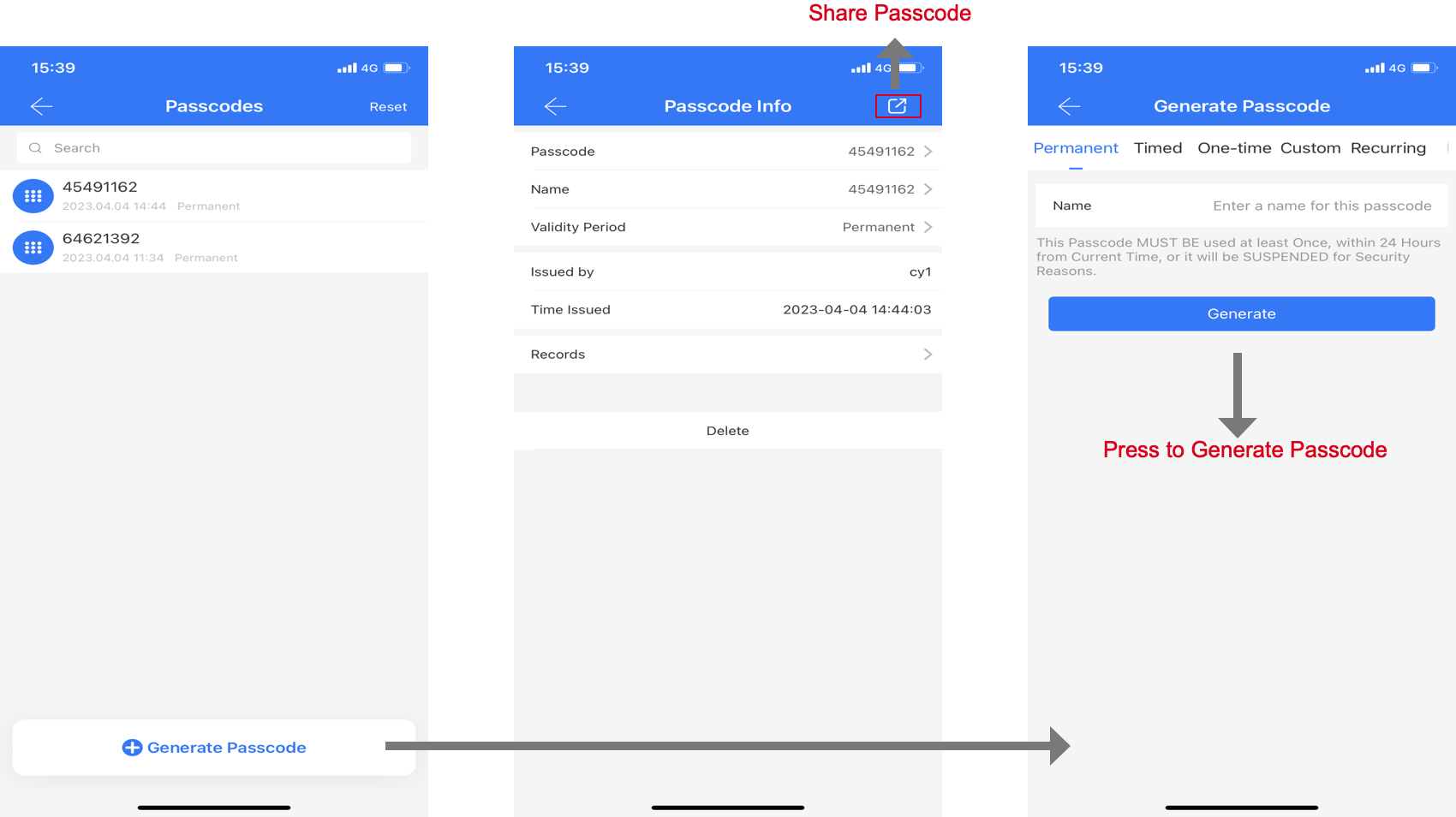 หน้ารายการและขั้นตอนสร้างรหัสผ่านในแอป TTLock