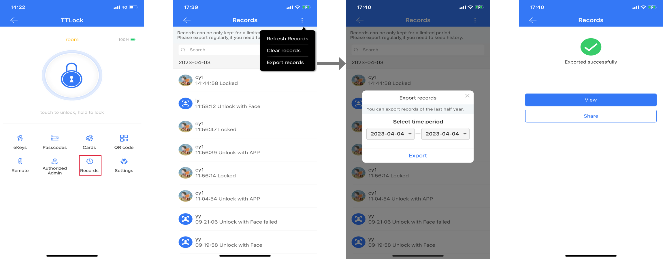 หน้าประวัติการเปิดประตูและเมนูส่งออก Records ในแอป TTLock