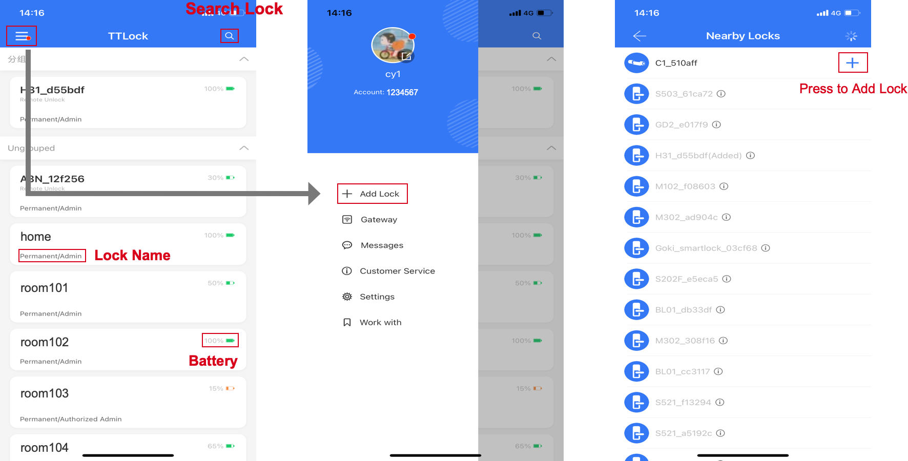 ตำแหน่งเมนู Add Lock และขั้นตอนเลือกกลอนในแอป TTLock