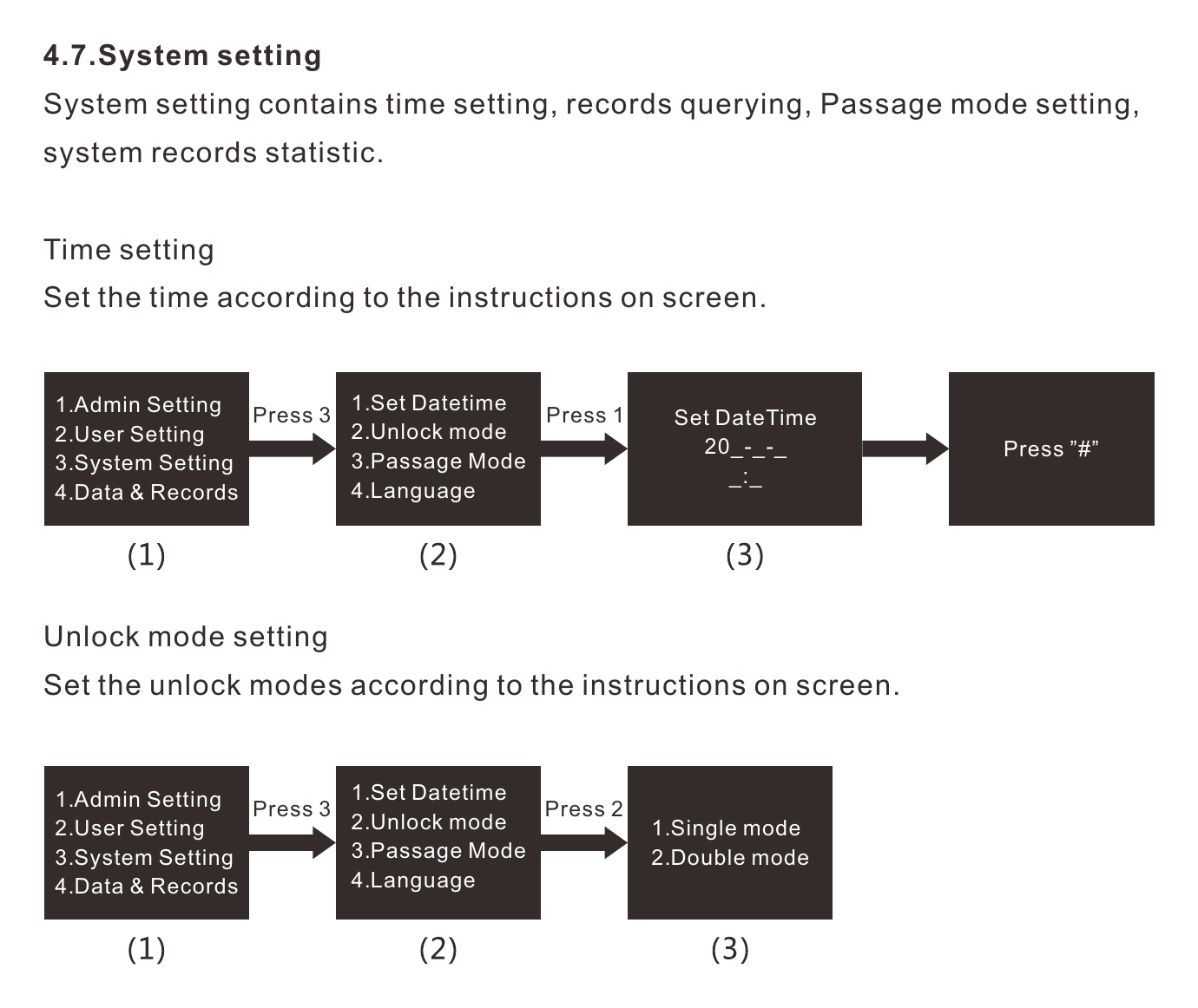 ผังตั้งวันที่ เวลา และโหมดปลดล็อก Single mode หรือ Double mode